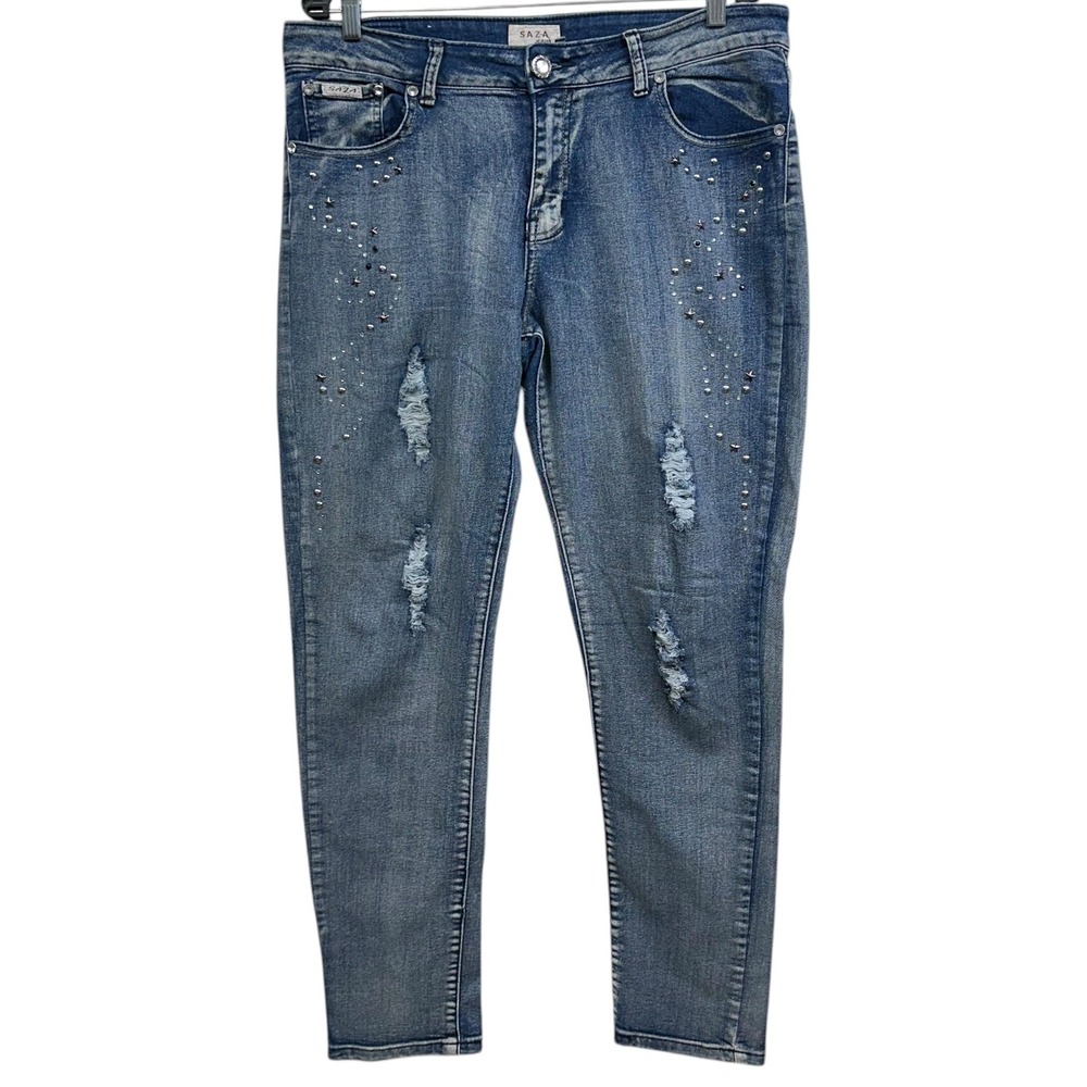 SAZA Jeans‎ Womens 18 Blue Skinny Mid Rise Distressed Studded Star Embellished